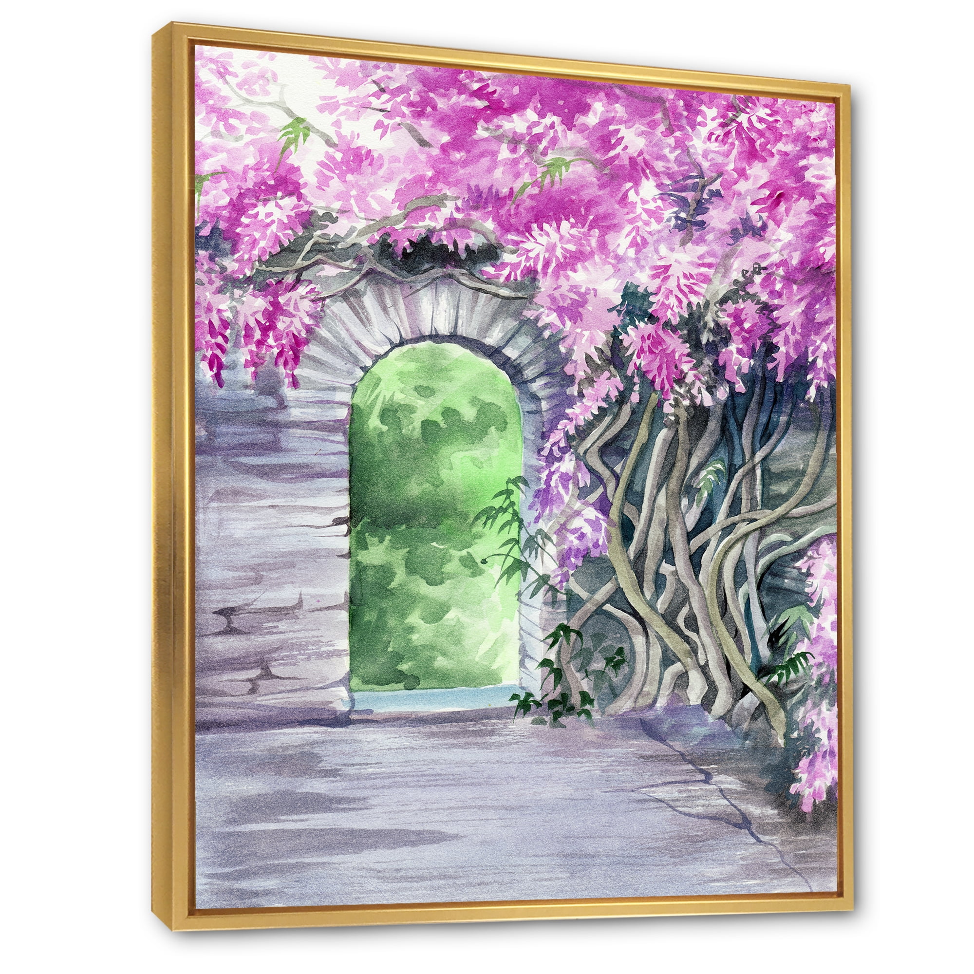Designart 'Blossoming Purple Wisteria Garden Over The Wall' Traditional Framed Canvas Wall Art Print