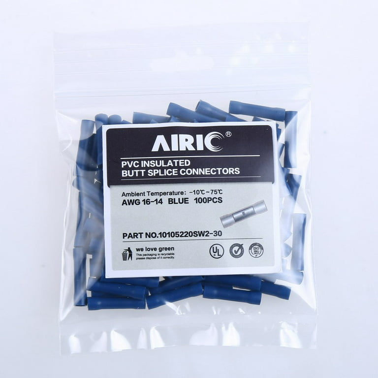 AIRIC Blue Butt Connectors Crimp 100pcs 16-14AWG Butt Connector Fully  Insulated PVC Wire Butt Splice Connectors, 16,14 Gauge 