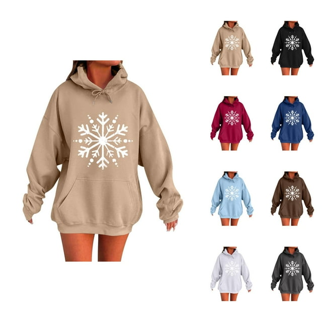 Chandails à Capuchon de Noël pour Femmes 2025 à Manches Longues, Chandail à Capuchon Graphique Flocon de Neige avec Poches, Haut à Enfiler
