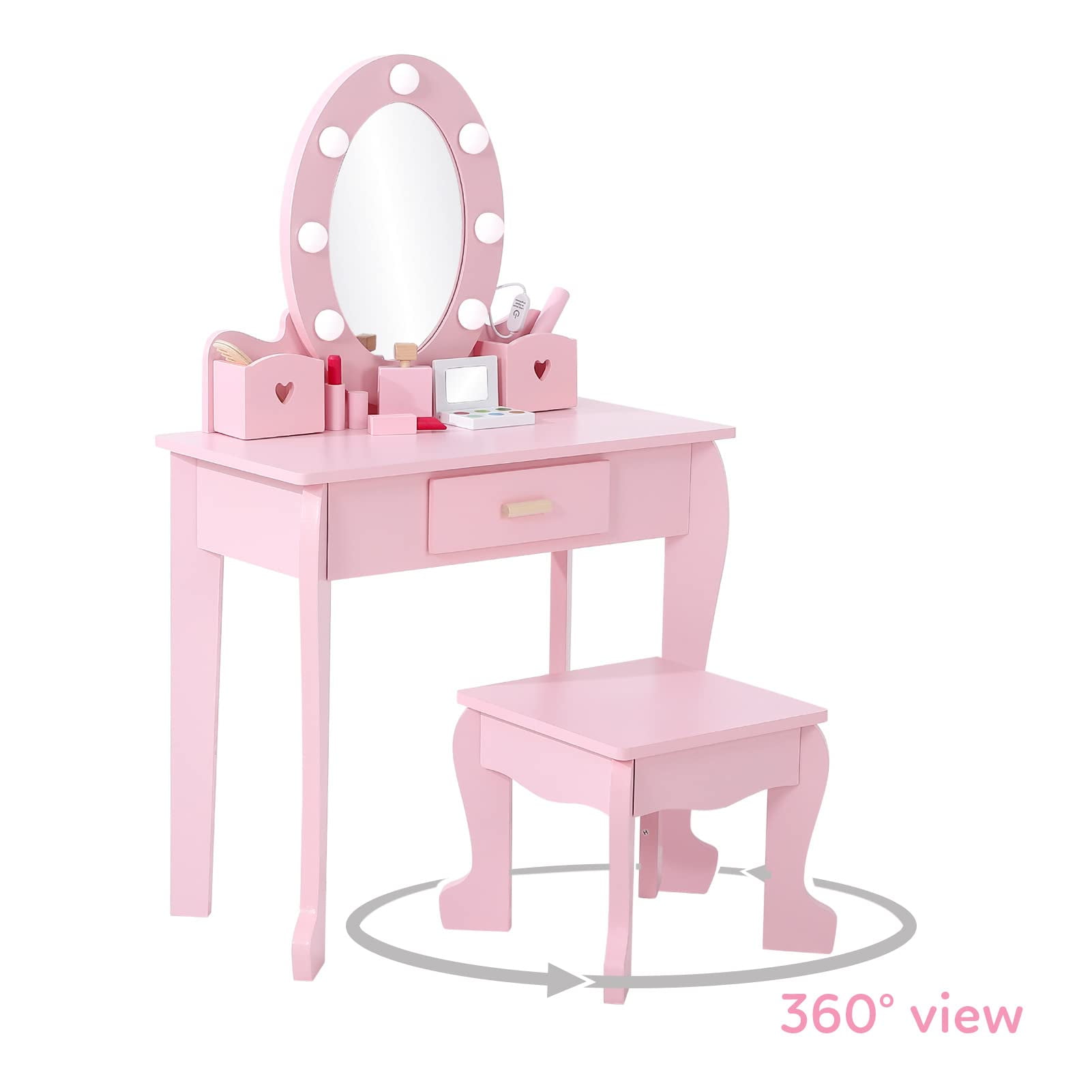 TROPOW Kids Vanity Set with Drawer and Stool, Girls Vanity Set with with Lights and Mirror for Girls, Wood Makeup Playset Birthday for Age 4-9 Years,Pink
