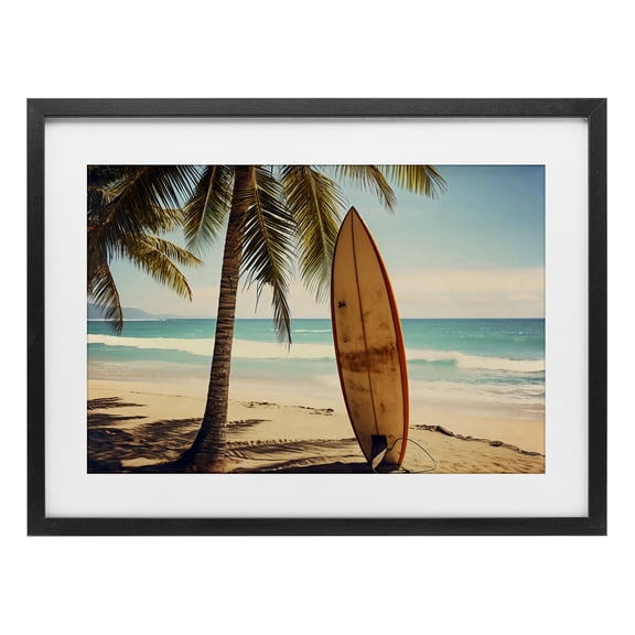 Stupell Industries Coastal Surfboard Standing Near Shore Black Framed Print Under Glass, 20 x 14, by LSR Design Studio