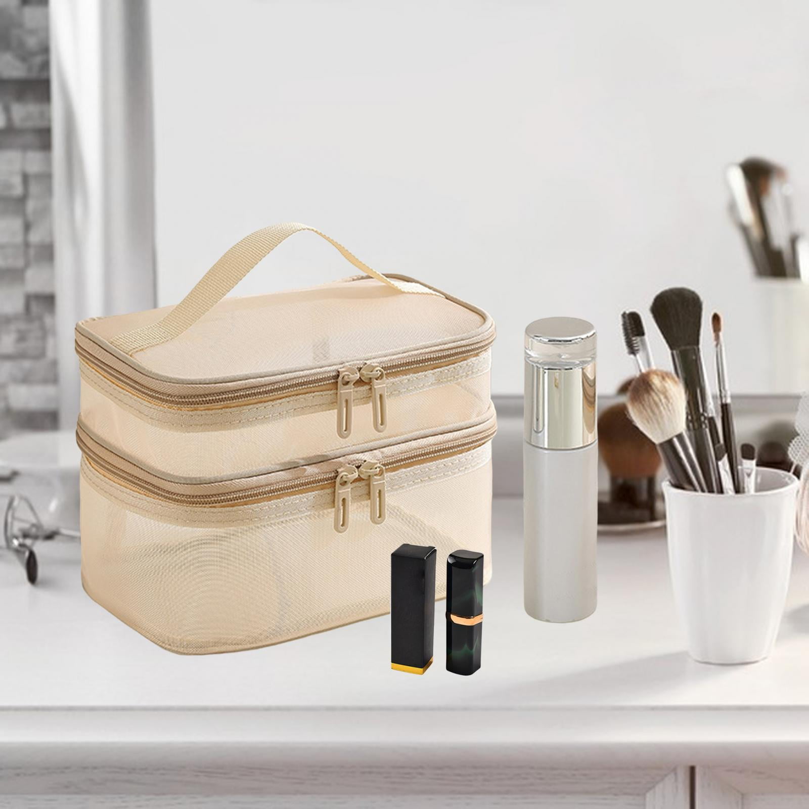Double Layer Toiletry Bag Bathroom Cosmetic Organizer for Full Size Bottles Beige