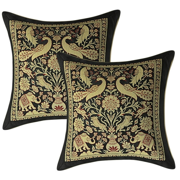 Stylo Culture Indian Sofa Throw Pillow Covers 12x12 Jacquard Peacock Black Square 30 x 30 cm Home Decor Brocade Elephant Zippered Cushion Covers | Set Of 2