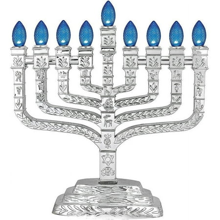 Metallic Silver LED Electric Hanukkah Menorah - Knesset Style Chanukiah with 12 Tribes of Israel - USB Powered Wall Adaptor and Cord Included by Aviv Judaica