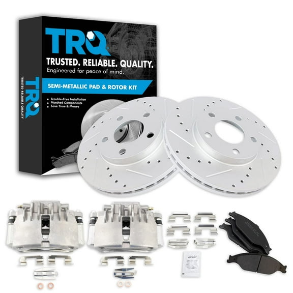 TRQ Front Performance Brake Pad & Rotor Kit Brake Caliper Brake Pads Brake Rotors Set Semi-Metallic Premium G-Coated Fits Select 1999-2002 Ford Mustang