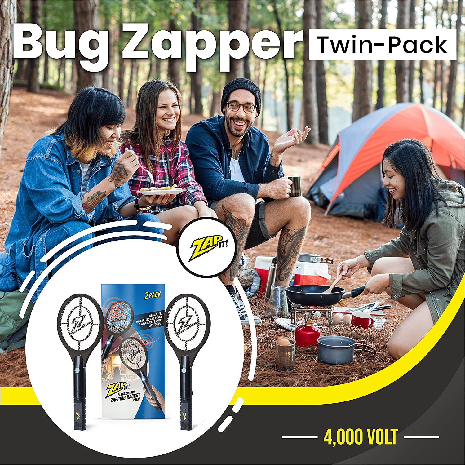 Zap It! Bug Zapper Rechargeable Racket, 4,000 Volt, USB Charging Cable, 2 Pack (Mini, Black)