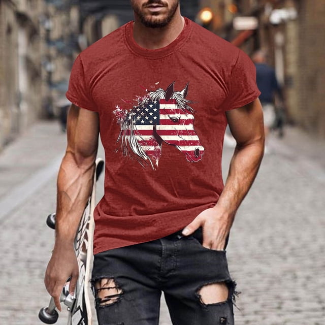 BRGZLK T-Shirt pour Hommes Été Jour de l'Indépendance Imprimé Manches Courtes Col Rond Blouse de Plage Légère Mode Décontractée Chandail Rouge 2 m