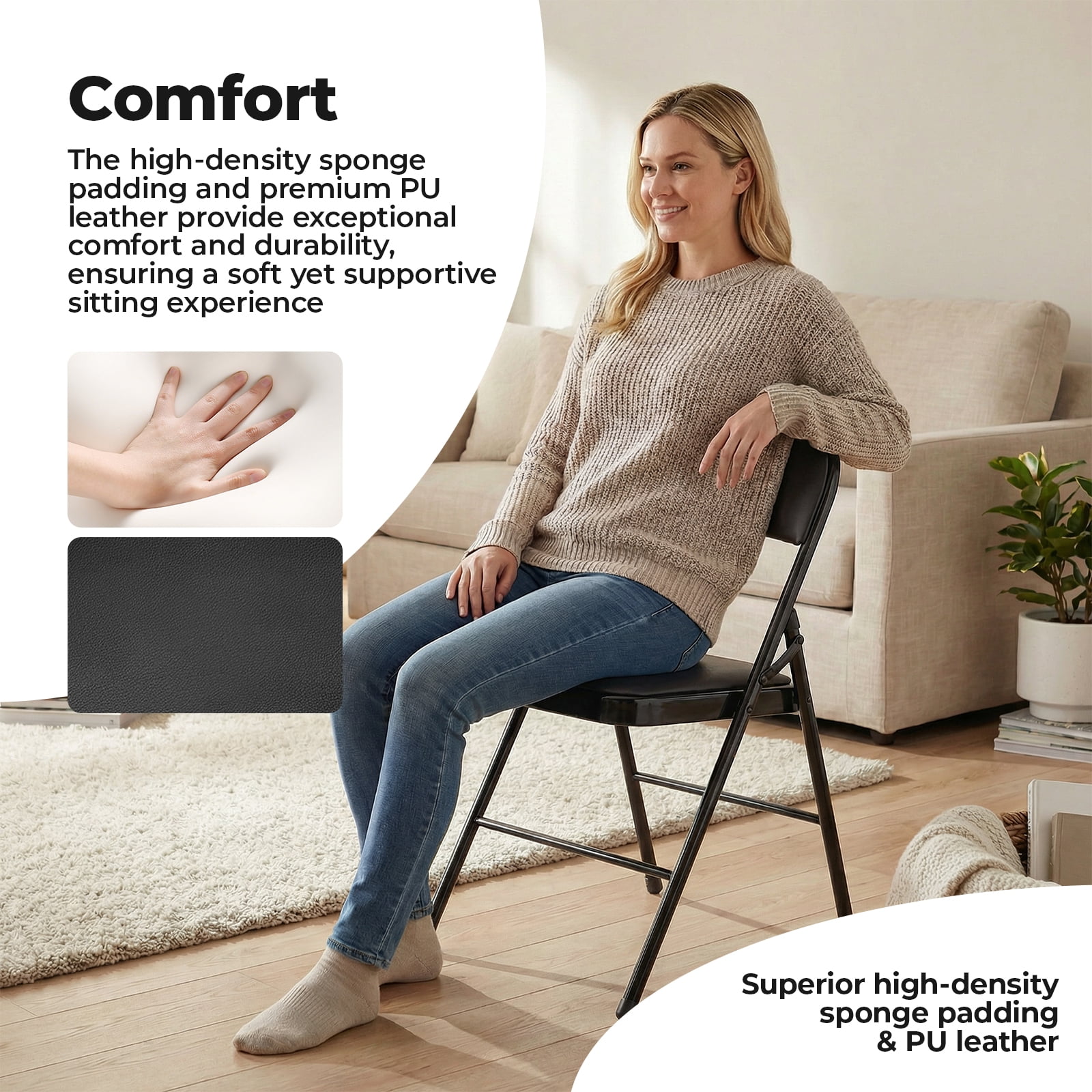 Alvantor Folding Chairs 2-Pack/4-Pack, Padded PU Leather Seat, Heavy Duty,Black/Khaki