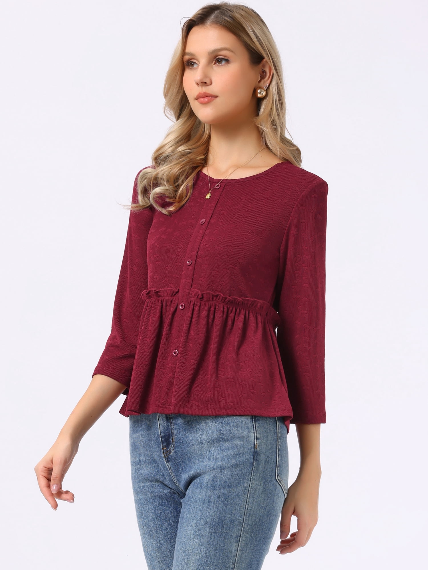 DARING DIVA Women's Peplum Crew Neck 3/4 Sleeve Ruffle Pullover Blouses S Burgundy