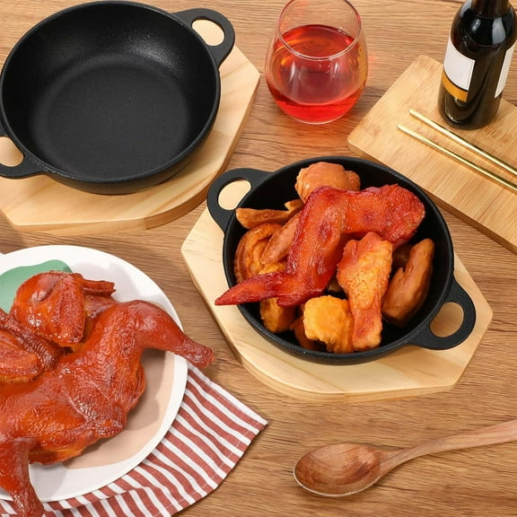 2 Sets  Cast Iron Skillet with Wooden Base for Baking, Cooking & Grilling