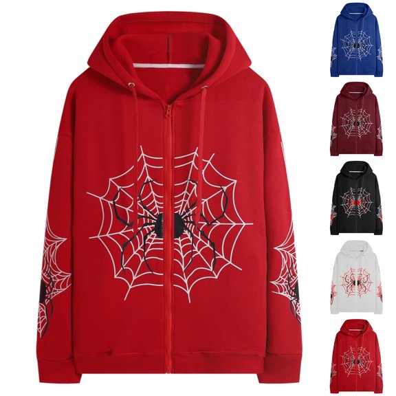 Spider Hooded Sweatshirt Zip-Up Hoodie Superhero Web Print Graphic Jackets Casual Tops for Women Halloween Party Streetwear Red S