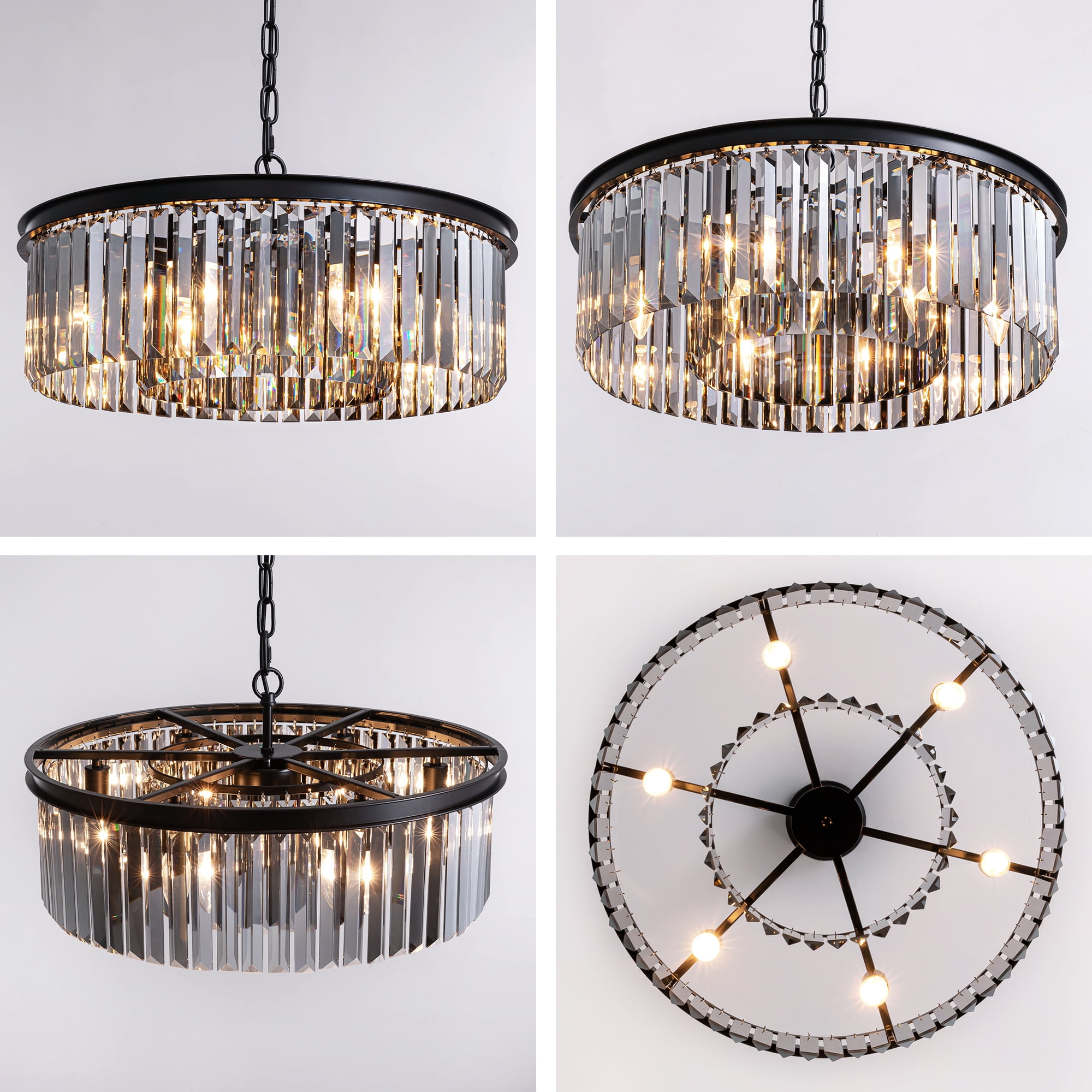 HOOMEDELIER 22" Modern Black Crystal Chandelier, Round 6-Light Pendant for Dining Room & Kitchen