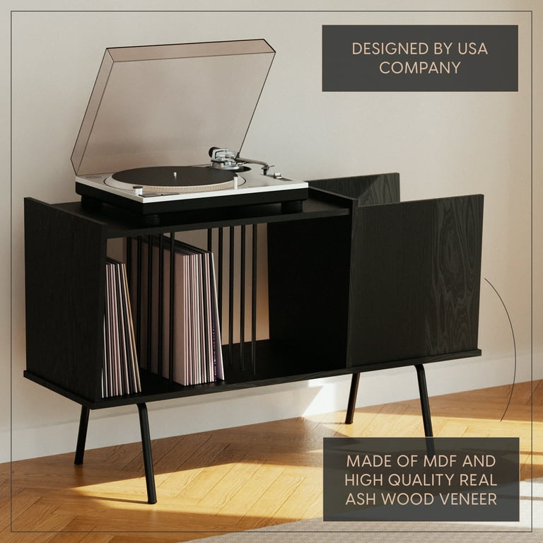 TC-HOMENY Record Player Stand, Vinyl Record Storage Cabinet with Metal Hairpin Legs, Vinyl Record Holder with 4 Quick-Release Dividers, Record Storage