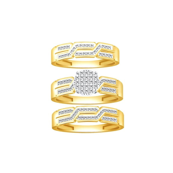 AFFY White Natural Diamond Wedding & Engagement Trio Band Ring Set In 10k Yellow Gold (0.25 Cttw)