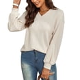 thumbnail image 1 of Suéter de punto de manga larga con cuello en V, camisa de punto de moda informal de color puro para mujer, 1 of 6