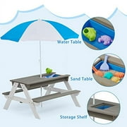 SoliWood Kids 3 in 1 Convertitable Sand and Water Table with Umbrella, Picnic Table for Outdoor Backyard Patio Play