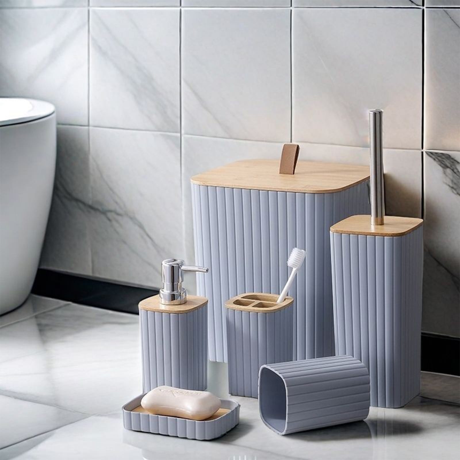 Blueek 6PC Bathroom Accessory Set, Plastic Bathroom Organizer with Toilet Brush, Trash Can, Soap Dispenser for Stylish Home(Gray)