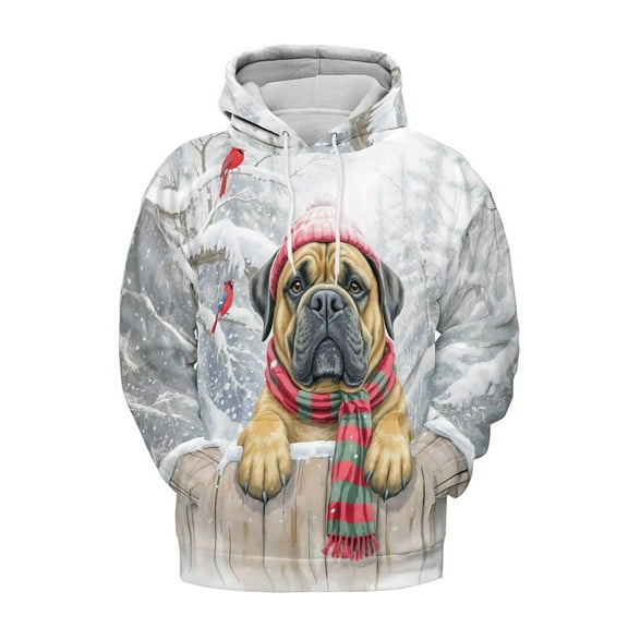 Playful Bullmastiff Welcomes Winter Snowy Day with Cardinal Bird All Over Print 3D Hoodie Unisex Merch Hoodies Dog Lover - 2017