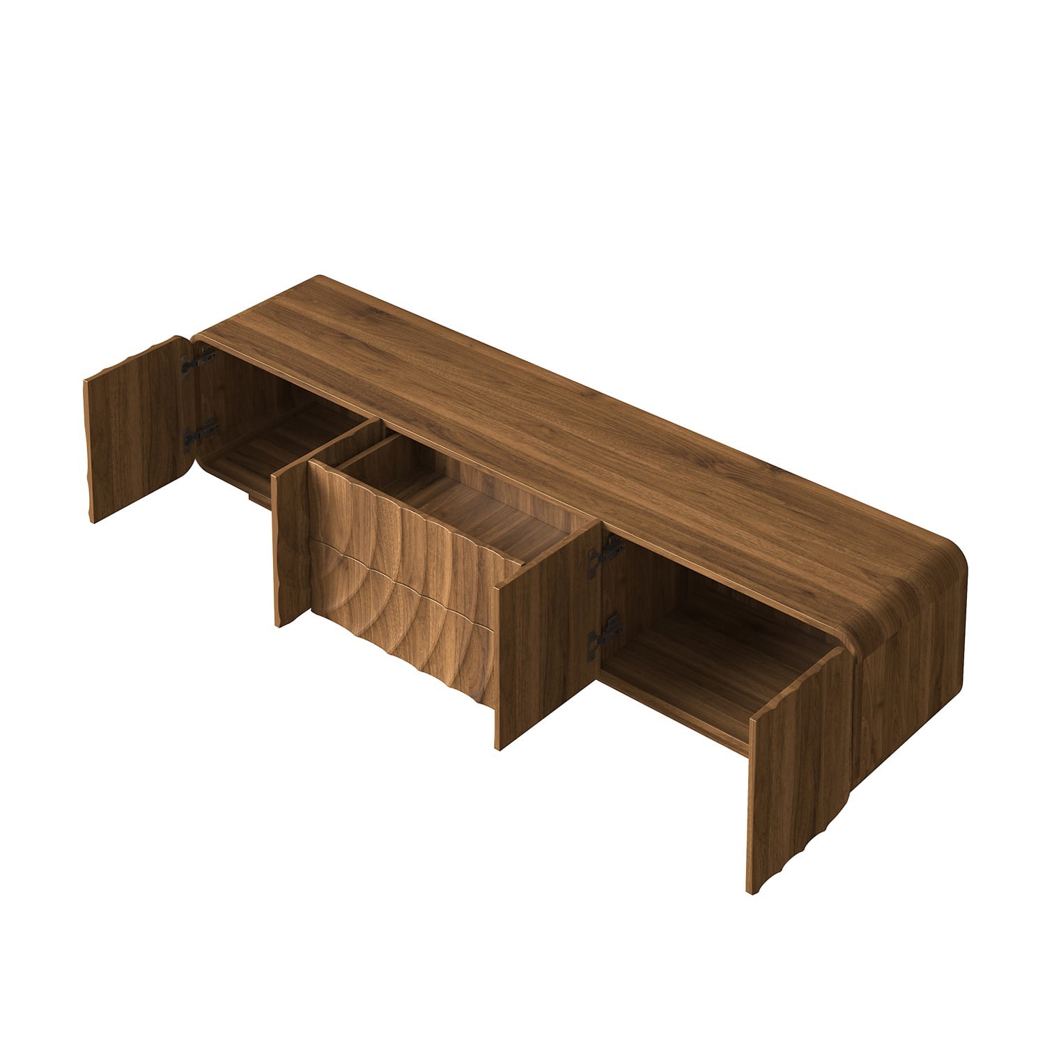 Hommoo 70" Modern Unique Spiral Wave Design TV Stand With Storage Cabinet And 2 Drawers, TV Console Entertainment Center for Living Room, Bedroom, Walnut