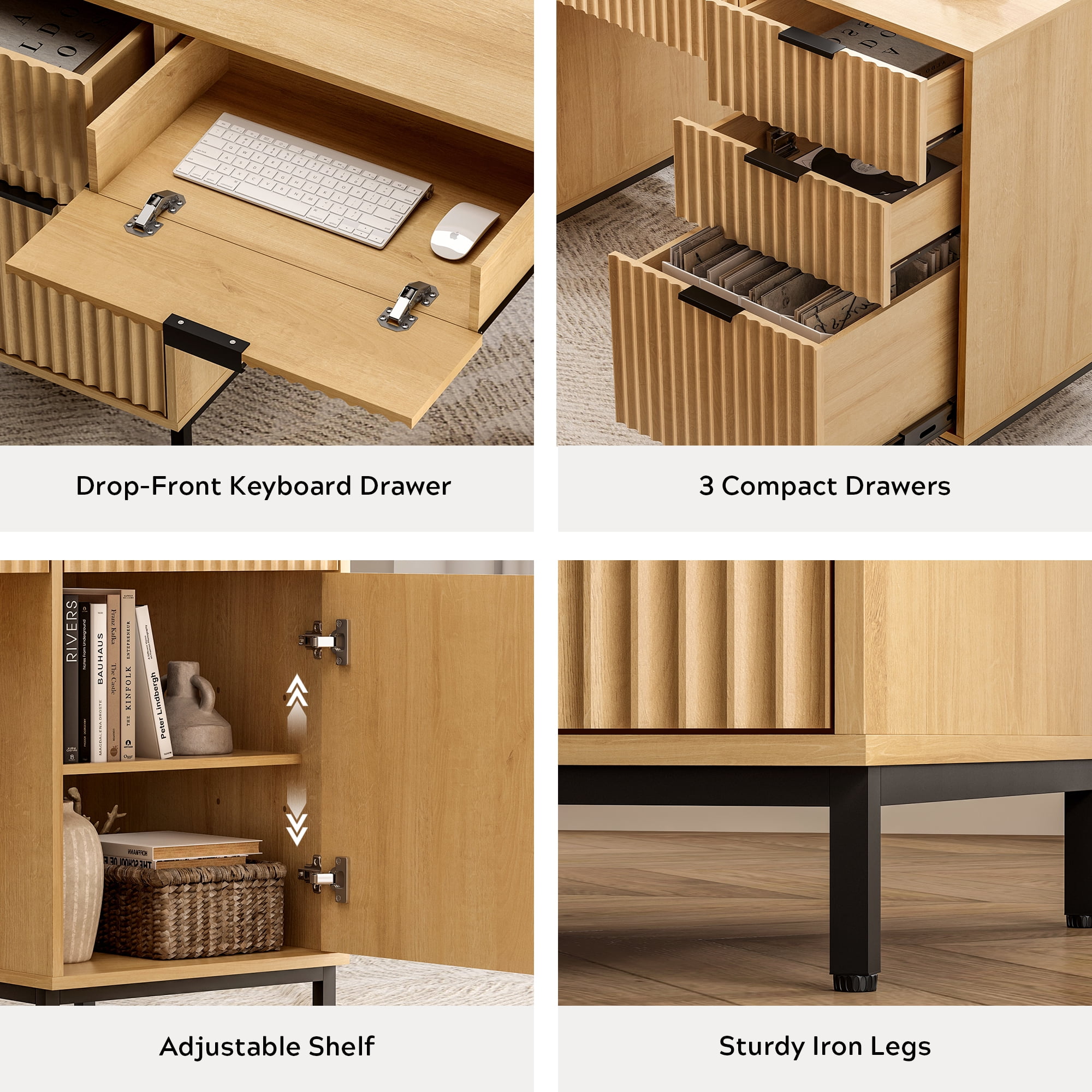 EYYTHUNG 55" Fluted Executive Desk, Modern Wood Computer Writing Desk Home Office Desk with Charging Station, Keyboard Tray, File Drawer, Storage Cabinet