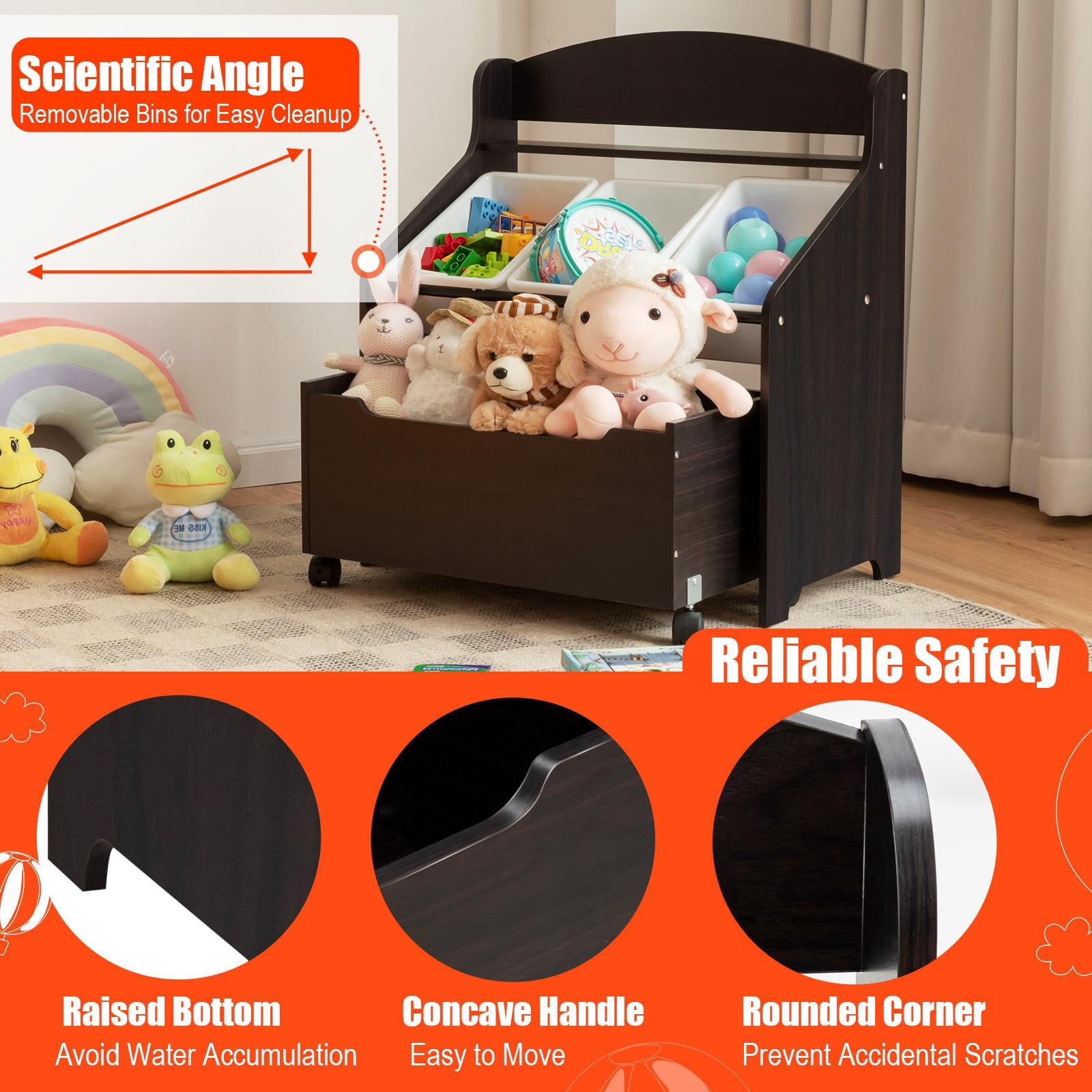 Giantex Wooden Kids Toy Storage Organizer, Toddler Furniture Storage Unit w/Wheels for Child's Bedroom Playroom, Espresso