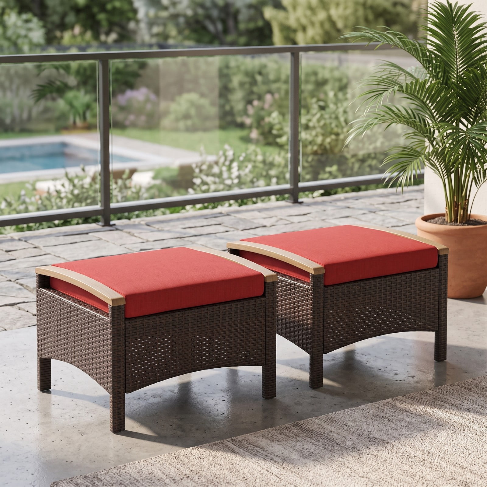 Furnibear Set of 2 Fade-Resistant PE Wicker Patio Ottomans with Cushions and Wood Handles for Outdoor Foot Rest and Extra Seating, Red