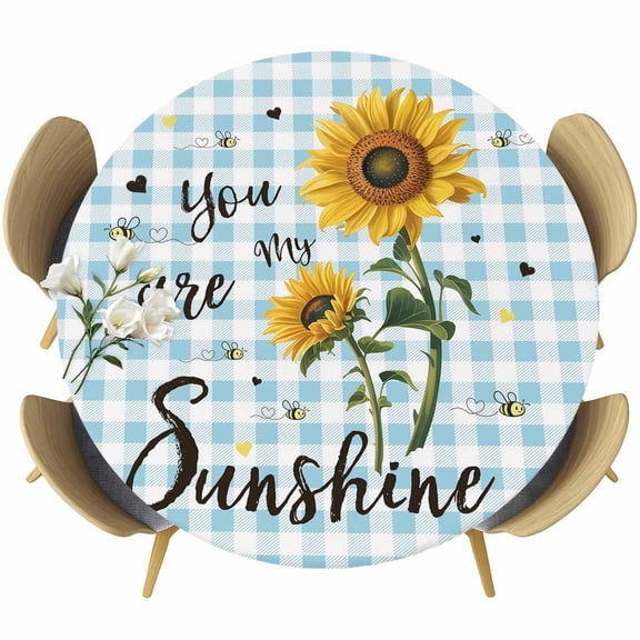 Sunflower Round Tablecloth, Fitted Table Cover with Elastic for 36"-44" Round Tables, Blue Plaid Farmhouse You Are My Sunshine Table Cloth Outdoor Indoor Dinning Party Waterproof Tablecloths