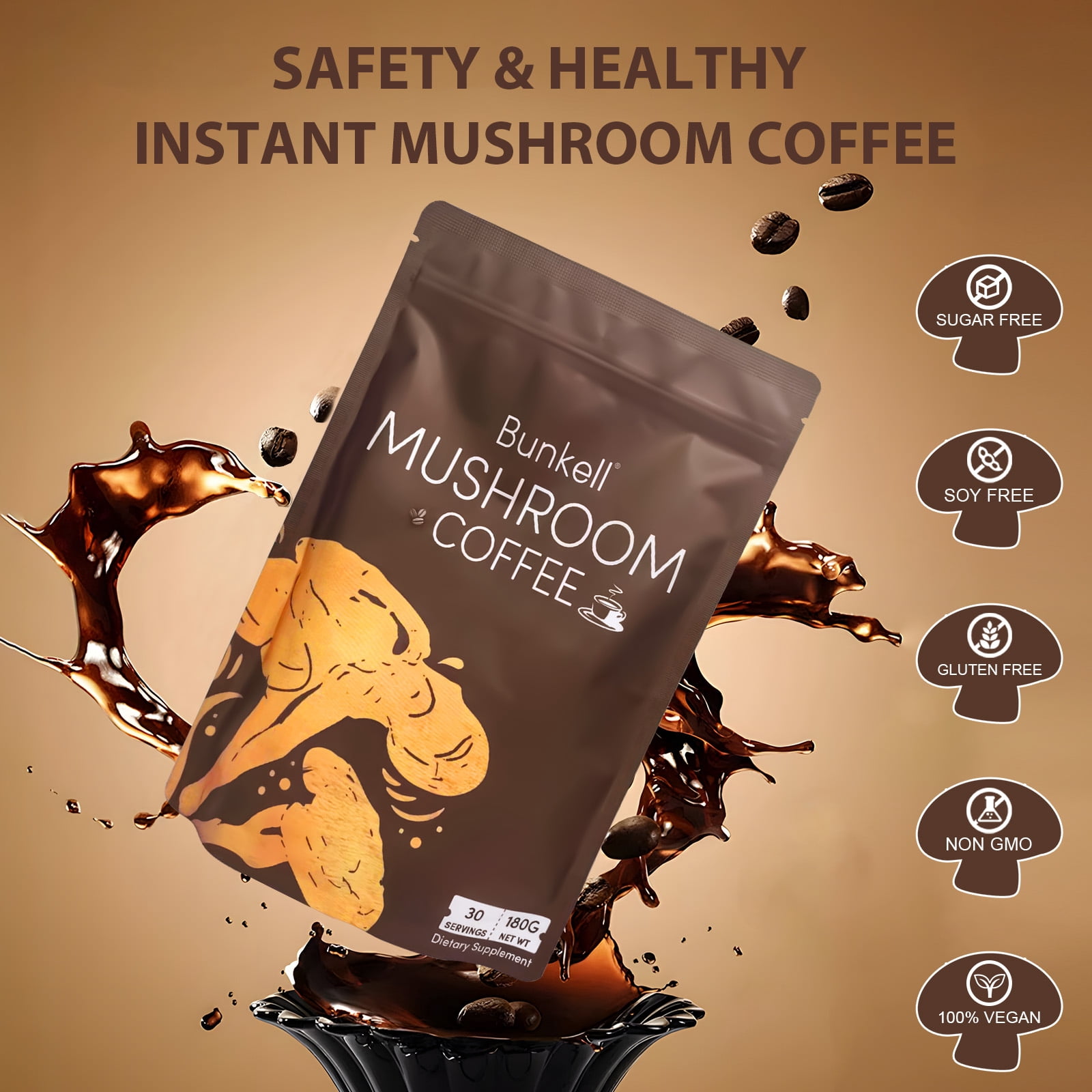 Bunkell Mushroom Coffee Blend, 45 Servings, 2000mg Mushroom Complex, Regular Caffeine