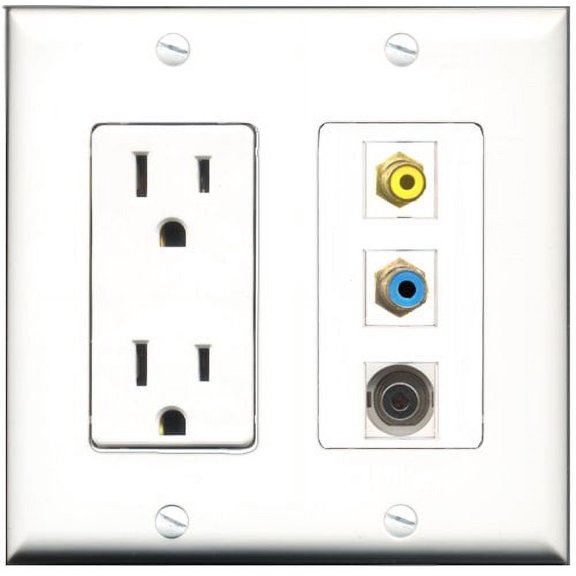 RiteAV - 15 Amp Power Outlet 1 Port RCA Yellow 1 Port RCA Blue 1 Port 3.5mm Decorative Wall Plate