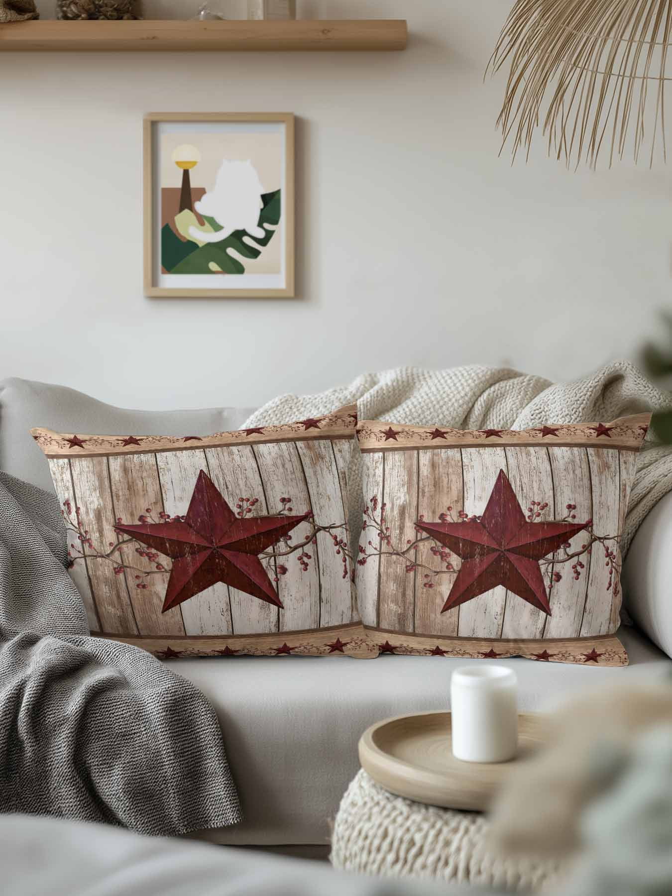 Outdoor Pillows Waterproof, Red Texas Star Vintage Bedding Throw Pillows with Insert for Couch Sofa Bed, Farmhouse Berry Brown Wooden 16x16 Inch Pillowcases Decorative Camping Patio Pillow Set of 1