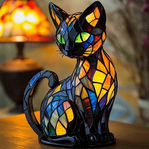 Cat Lamp, Cat Lamp Stained Glass,Retro Cats Stained Resin Tabletop Night Light,3D Cute Pet Led Table Light_Billiga Gåvor-A1