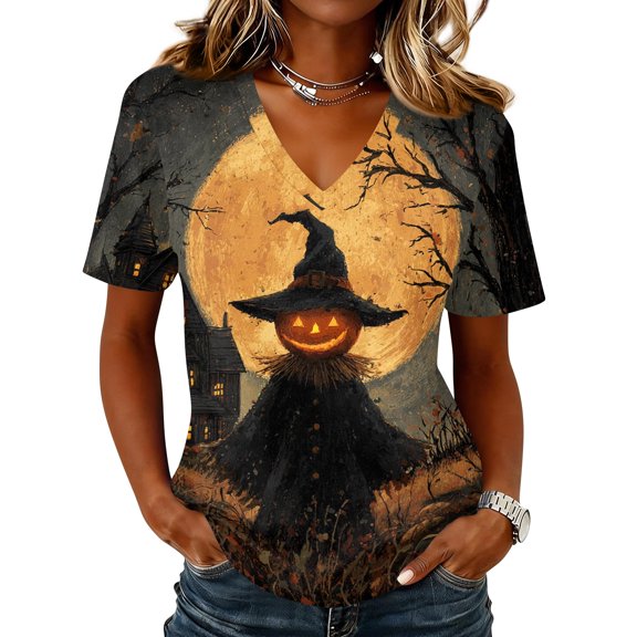 DORKASM Halloween Costumes for Women V Neck Skeleton Lounge Pullover Short Sleeve Funny Print Pumpkin Fall Winter T Shirt Spooky Vacation Causal Shirt Khaki 2XL