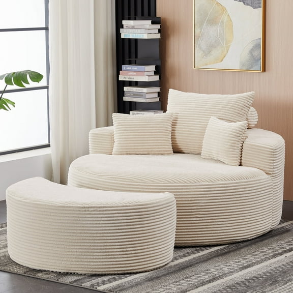 55.11" W Oversized Round Chaise Lounge Chair, Deep Seat Corduroy Cloud with Pillows, Moveable Ottoman and Blanket– Comfy Circle Loveseat Sofa Chair for Living Room or Bedroom (Beige)