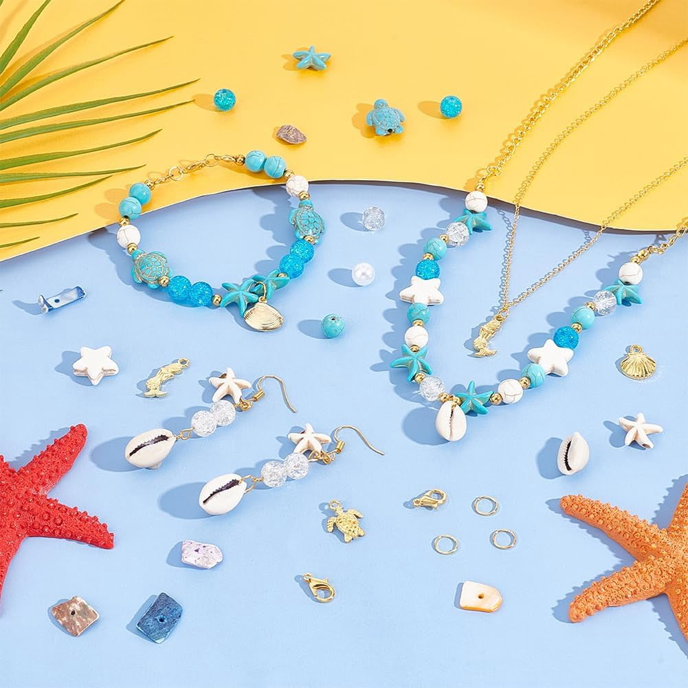207pcs Starfish Shell Beads Ocean Jewelry Making 20g Seashells Synthetic Turquoise Beads Turtle Mermaid Charms Cowrie Shell Beads for Summer Beach Necklace Bracelet Anklet Jewelry Making
