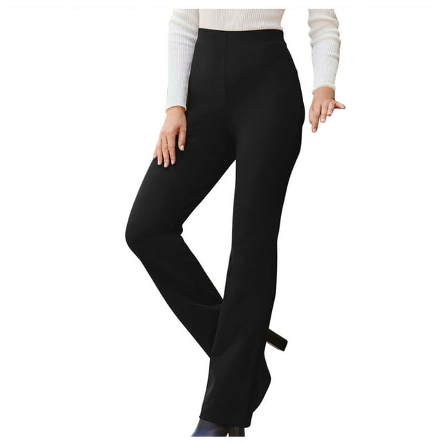 Pantalones rectos elásticos de cintura alta para mujer: pantalones casuales de colores lisos para el día a día, con mezcla de poliéster y spandex, para todas las estaciones