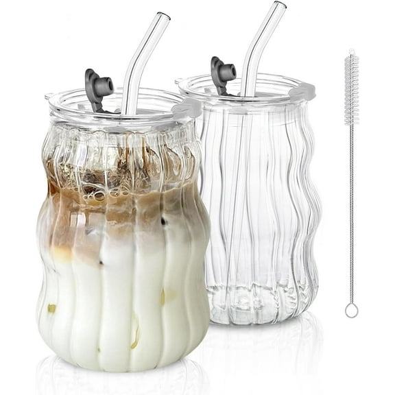 Ribbed Glass Cups with Lids and Straws – Unique Glasses for Iced Coffee, 18oz Vintage Design, Ideal Wavy Coffee Cups with Straws, Bubble Glass Aesthetic, Clear Ribbed Glasses