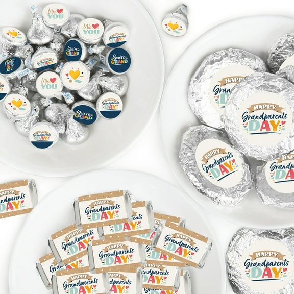 Big Dot of Happiness Happy Grandparents Day Mini Candy Bar Wrappers, Round Candy & Circle Stickers - Grandma & Grandpa Party Favor Sticker Kit 304 Pc