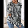 thumbnail image 4 of Camiseta de Larga A Rayas para Mujer, Cuello Redondo, Dobladillo con Abertura, Corte Entallado Negro M, 4 of 10