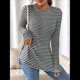thumbnail image 4 of Camiseta de Larga A Rayas para Mujer, Cuello Redondo, Dobladillo con Abertura, Corte Entallado Negro XL, 4 of 10