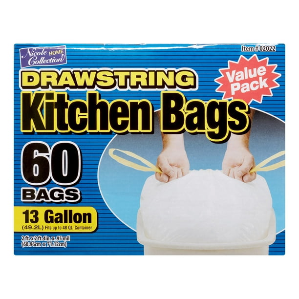 Nicole Home Collection Kitchen Drawstring Trash Bags, 13 Gallon, White