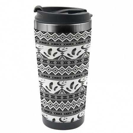 

Aztec Travel Mug Trippy Moon Feather Pattern Steel Thermal Cup 16 oz by Ambesonne