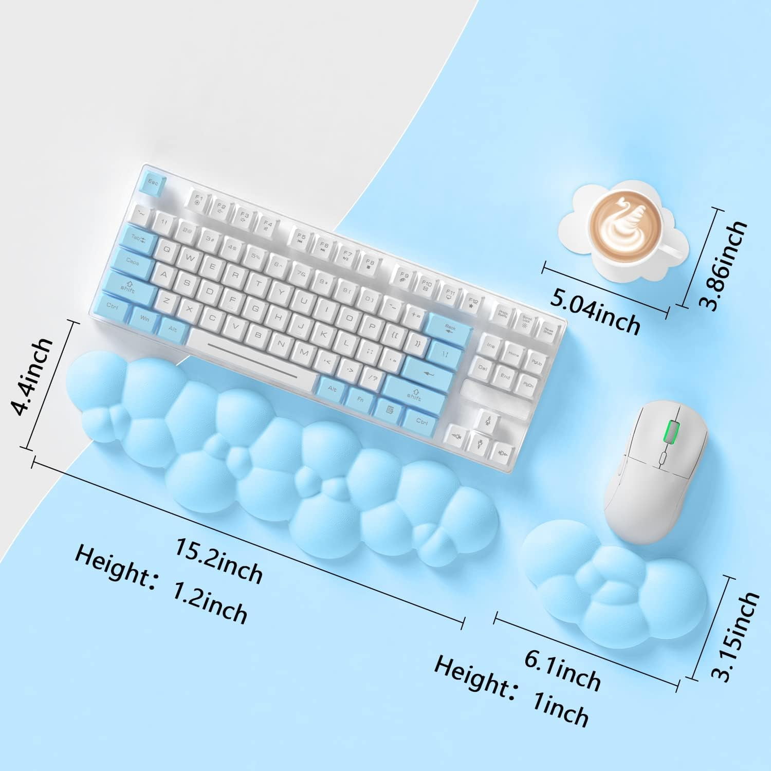 Attack Shark Cloud Keyboard Mouse Wrist Rest with Coaster Set,Ergonomic Palm Rest Combo for Pain Relief, Non-Slip,Ultra-Soft Memory Foam Wrist Cushion Support for Comfortable Typing/Gaming-Blue