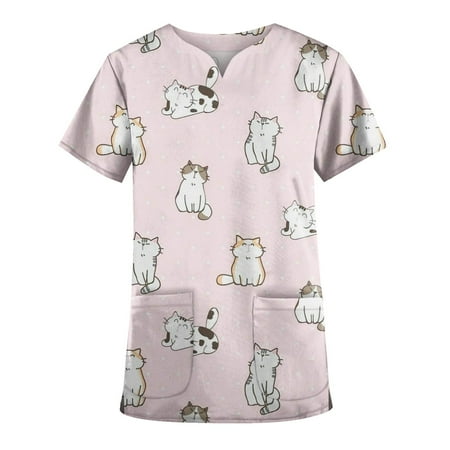 

Yubatuo Women Plus Size Scrubs Top with Pockets V-Neck Short Sleeve Fruit Print Work Blouse for Women Pink L
