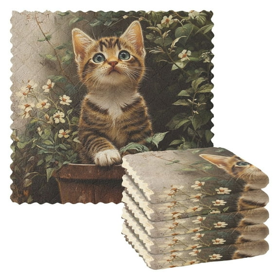 6 Pieces of Kitchen Towels 11x11Inch Kitchen Dish Cloths Kitchen Dish Towels Reuseable Cleaning Cloths Cat in Flowerpot