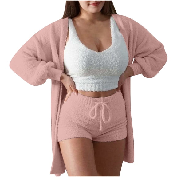 FAIWAD Women's 3 Piece Outfits Soft Fleece Cardigan Crop Top and Shorts Winter Pajamas Set Warm Loungewear