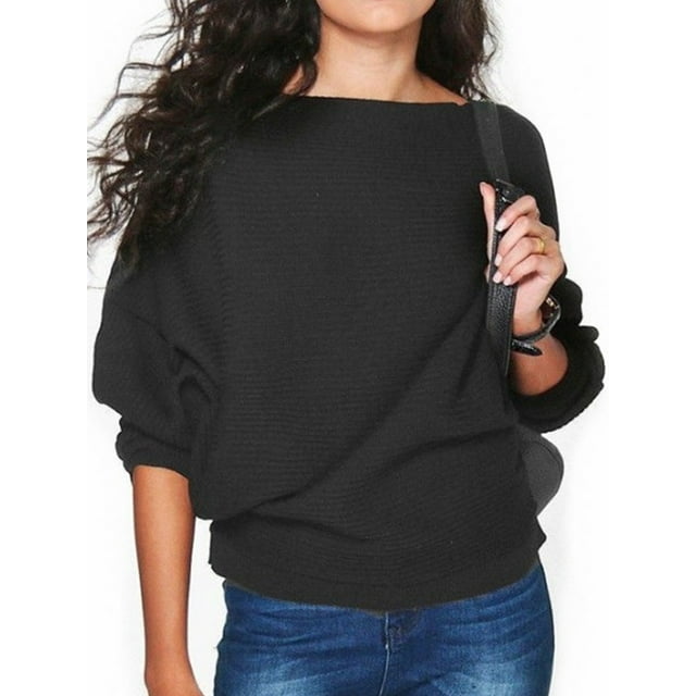 MAWCLOS Women Pullover Solid Color Jumper Tops Winter Warm Sweater Cozy Work Bat Sleeve Knitted Sweaters Black XL