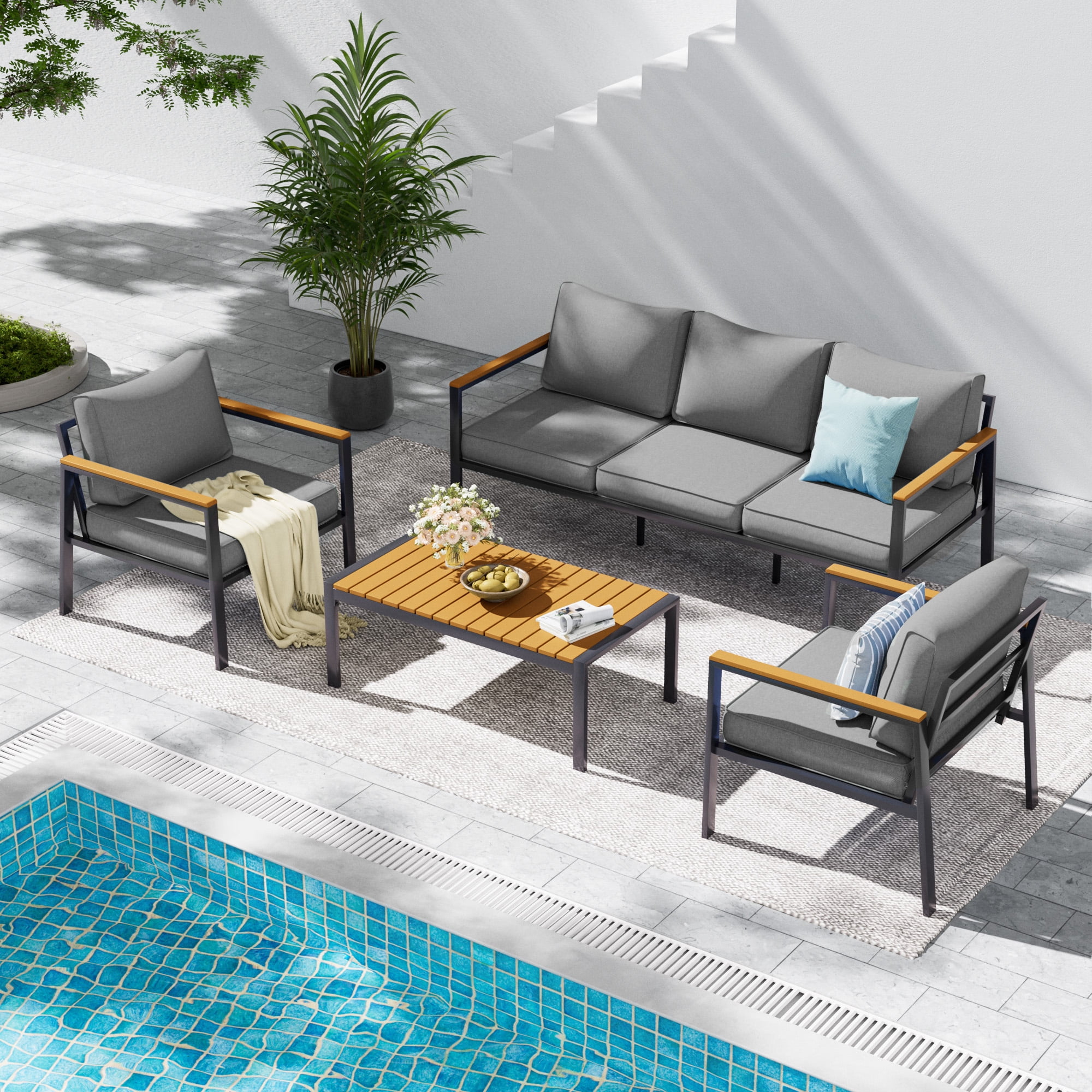 ELPOSUN Aluminum Patio Furniture Set, 6 Pieces Modern Patio Conversation Sets, Outdoor Sectional Metal Sofa with Coffee Table for Balcony, Garden, Dark Grey (Included Waterproof Covers)