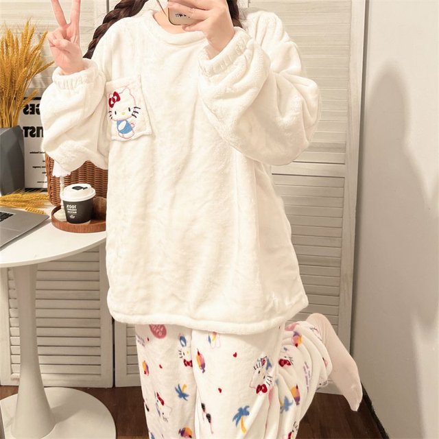 Pijama de terciopelo de franela Coral para niña, ropa de hogar, Kawaii, Sanrio, Hello Kitty, Kuromi, Pochacco, Mymelody, lindo, espesar, Ins, regalo