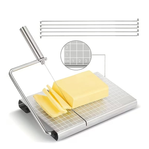 A stainless steel cheese slicer set that includes a cutting board and five replacement cords for slicing cheese blocks