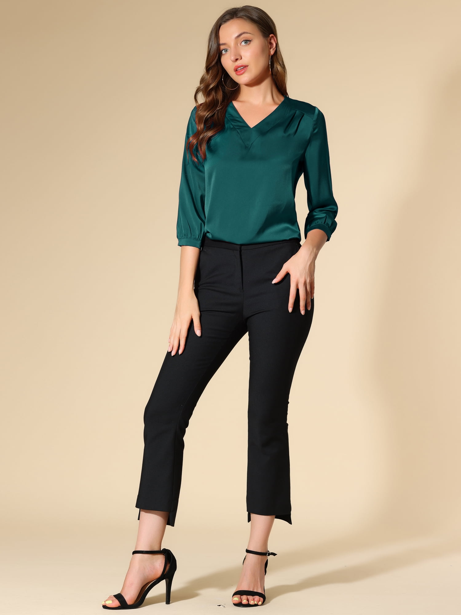 DARING DIVA Women's Satin Blouse Long Sleeve V Neck Top Shirts XS Blue Green